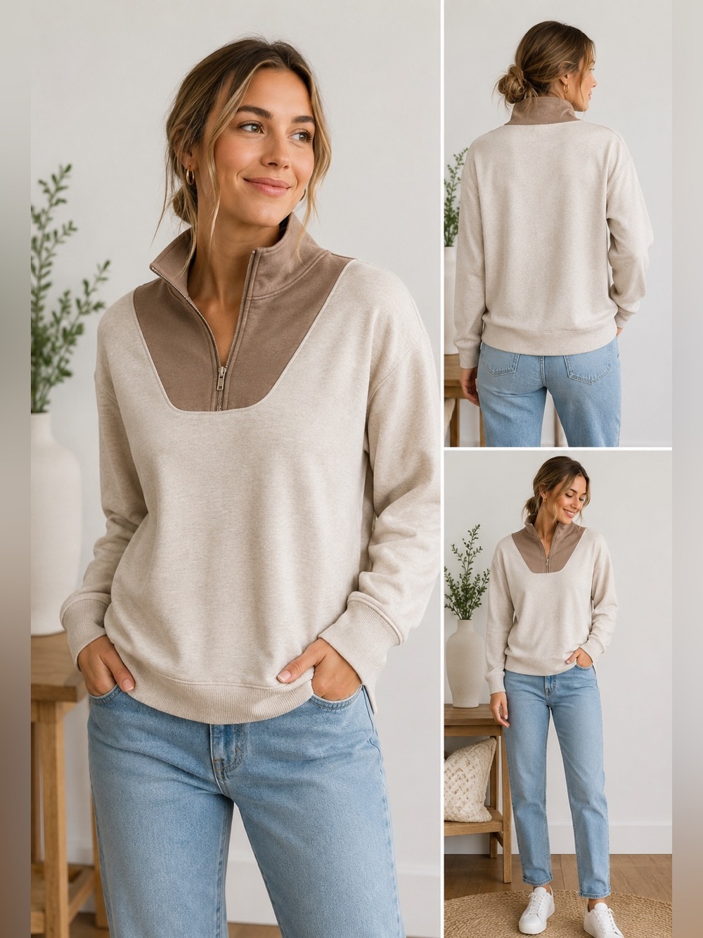 Haven Well Within Half Zip Mock Neck TENCEL Lyocell Sweatshirt Colorblock Size L